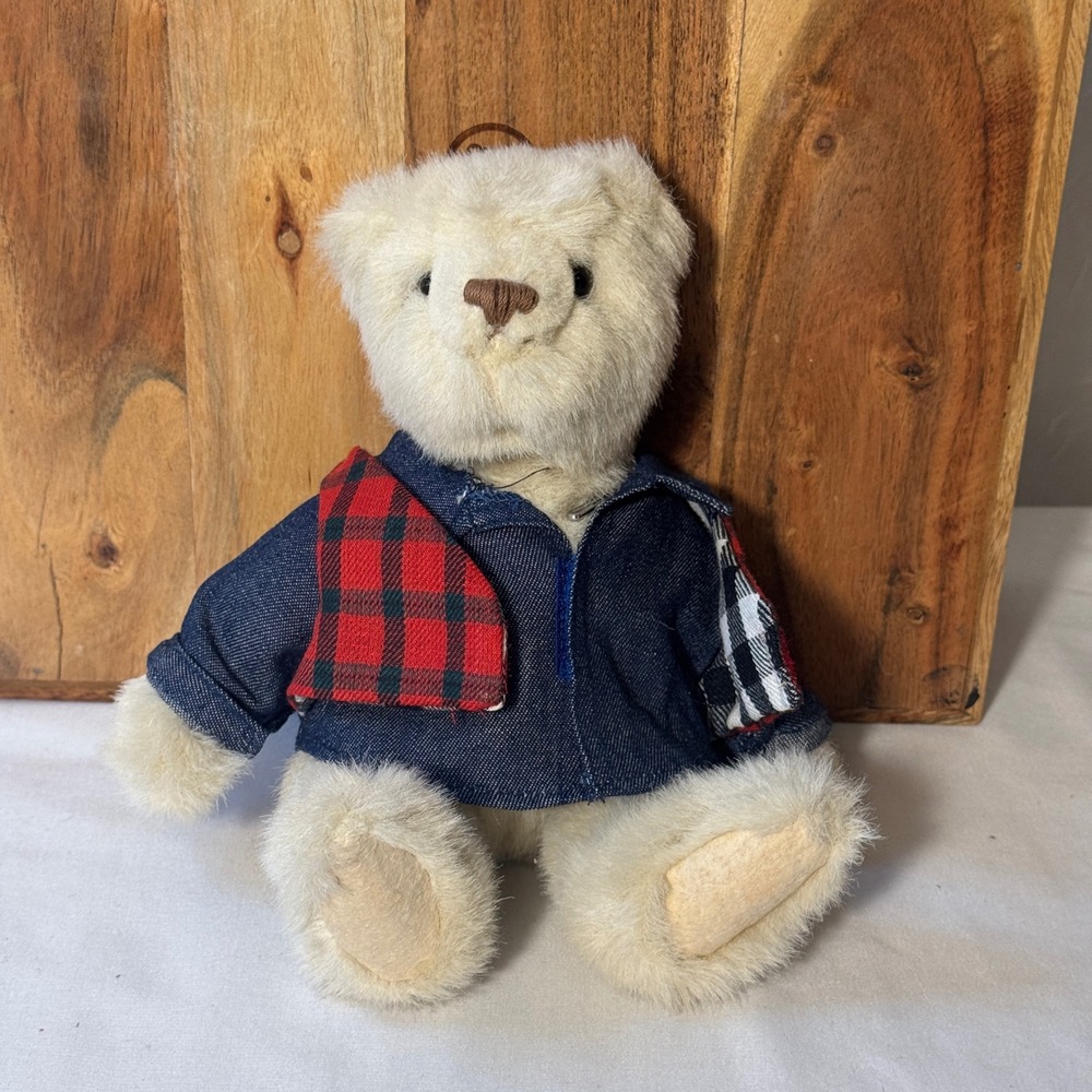 Bialosky Bears Fisherman Charlie Plush 1995 Cream Denim Jacket Plaid Vintage